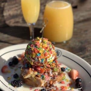 Fruity Pebbles French Toast, Bosscat, Brunch, Mimosas