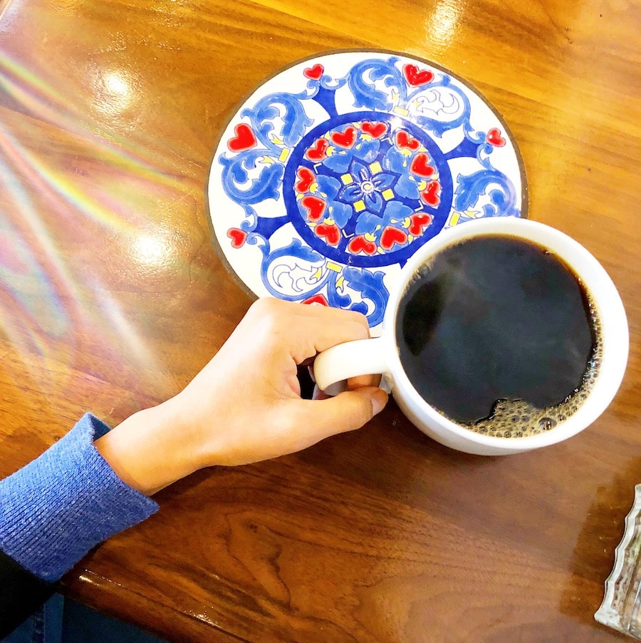 black coffee in a white mug at urth caffe