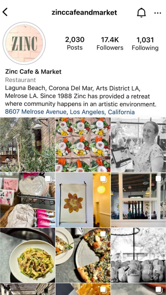 Zinc Cafe in Old Towne Orange instagram page
